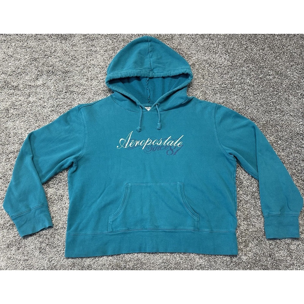 Y2K AEROPOSTALE Large Since 87 TEAL Pullover CURSIVE SPELLOUT HOODIE SWEATSHIRT